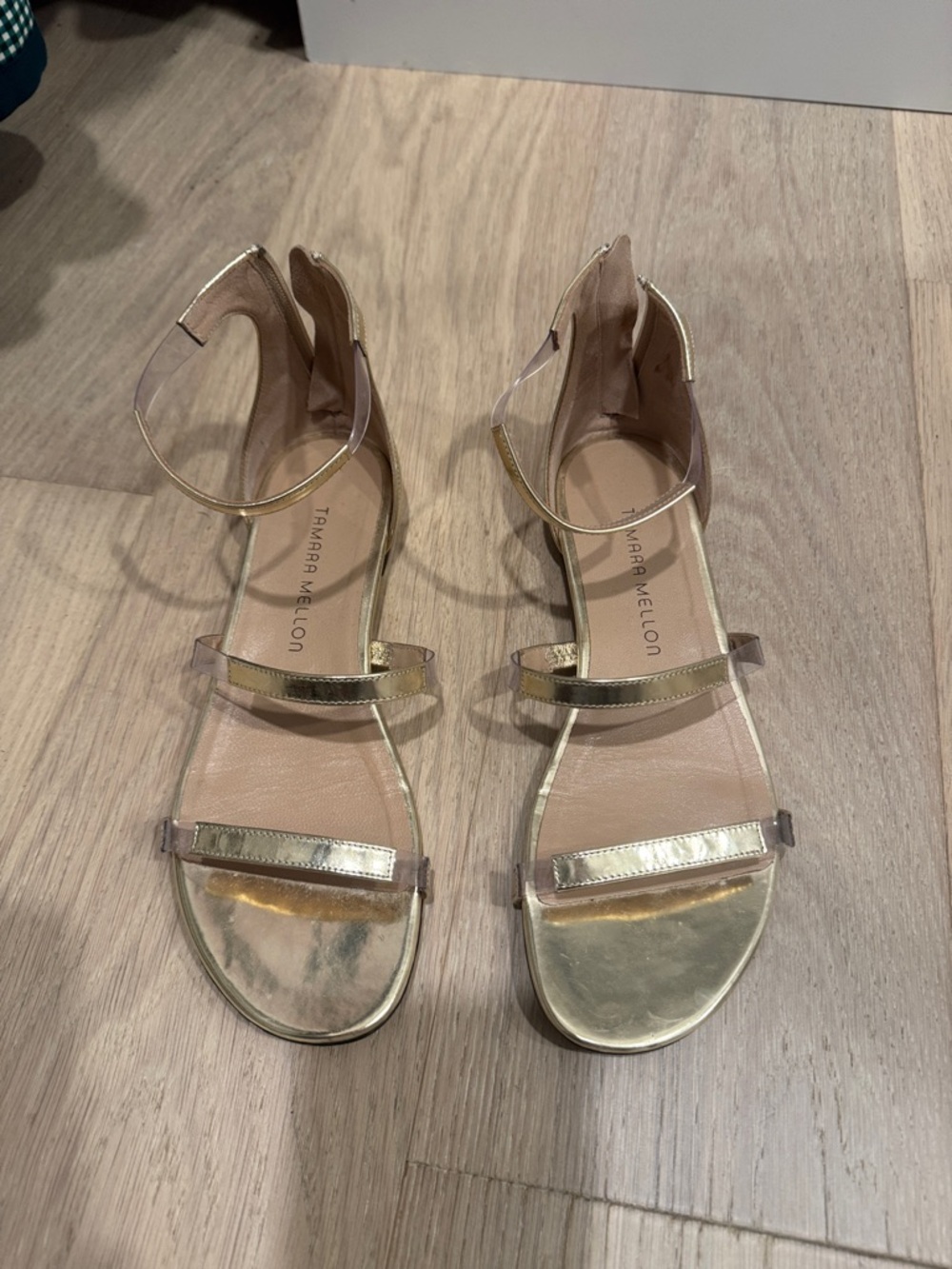Tamara Mellon Metallic Gold Clear-Strap Sandals